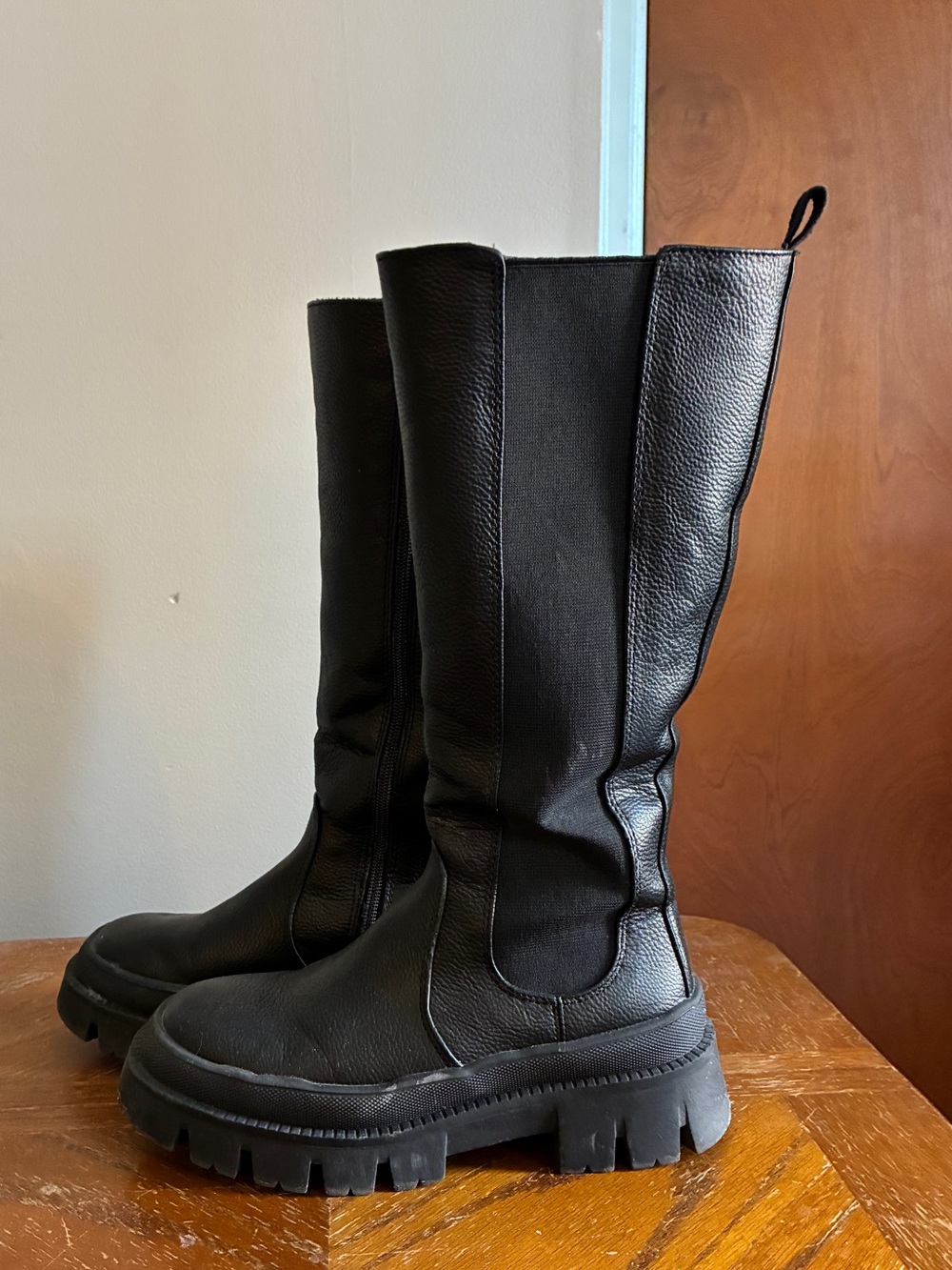 Chunky Black Leather Mid-Calf Boots